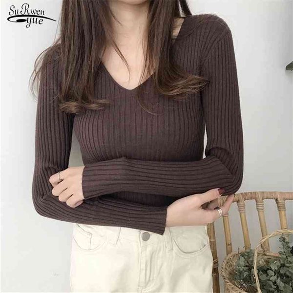 

autumn and winter fashion solid pullover sweater women v-neck knitted long sleeve slim warm women's sweaters 10308 210521, White;black