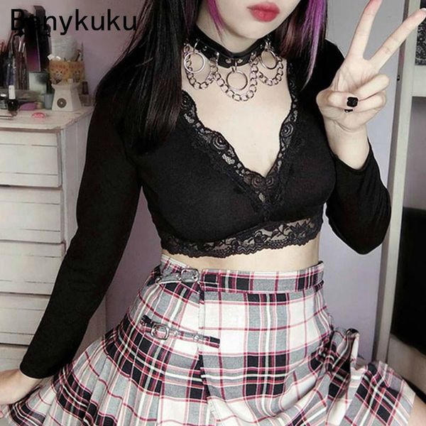 

women's t-shirt vintage t-shirts mall goth lace black long sleeve t shirt women aesthetic elegant v neck bodycon cropped, White