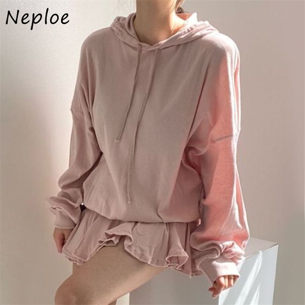 

loose causal 2 pcs women set hooded long sleeve pullover shirt + high waist hip pleat skirt spring suit solid simple 210422, White