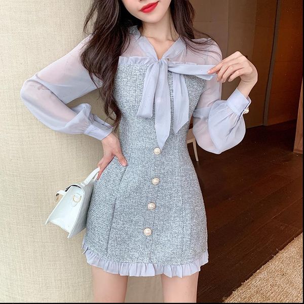 

womens dresses spring vintage see through chiffon patchwork tweed mini dress women ribbon bow single breasted long sleeve party, Black;gray