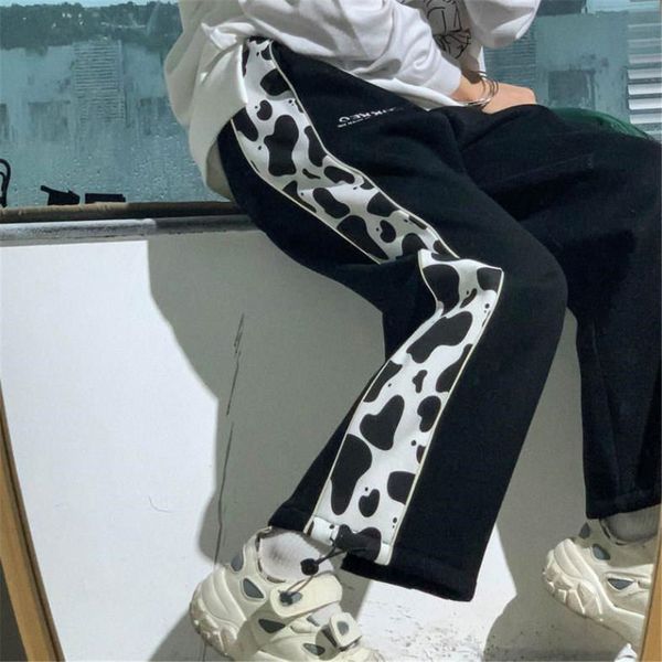 

women's jeans black trousers with harajuku cow print, loose japanese trousers, black, legal, autumn, fashion, fun, straight, hip hop, g, Blue