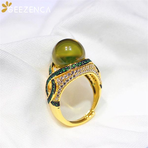 

cluster rings 925 sterling silver natural blue amber ring for women luxury gemstone gold plated open fine jewelry engagement party gift, Golden;silver