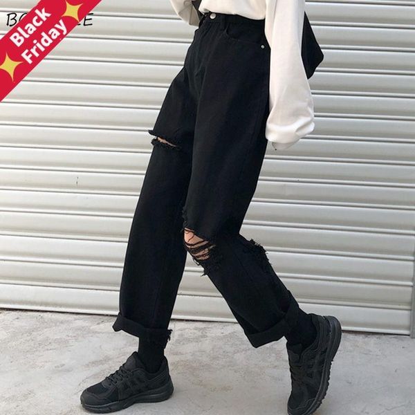 

jeans women summer vintage chic distressed hole black high waist femme straight trousers harajuku all-match korean girls street women's, Blue