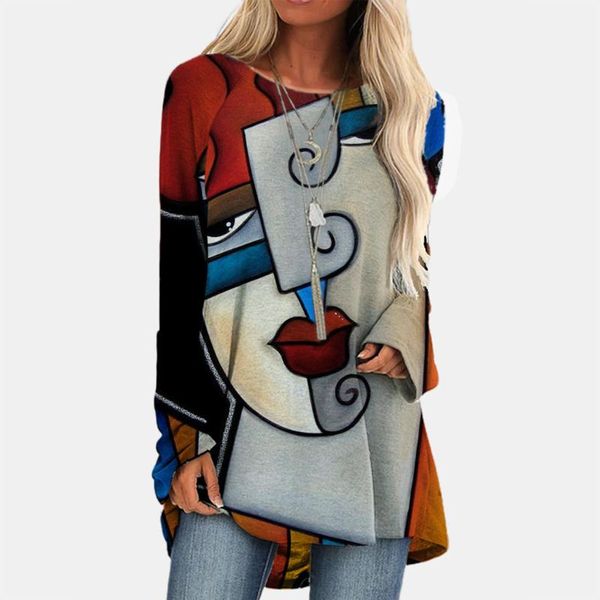 Mulheres T-shirt Abstrato Impressão Mulheres Tshirt Ladies Tops Manga Longa O-Pescoço Túnica Básica Magliette Donna Vintage Camiseta Kleding Vrouwen