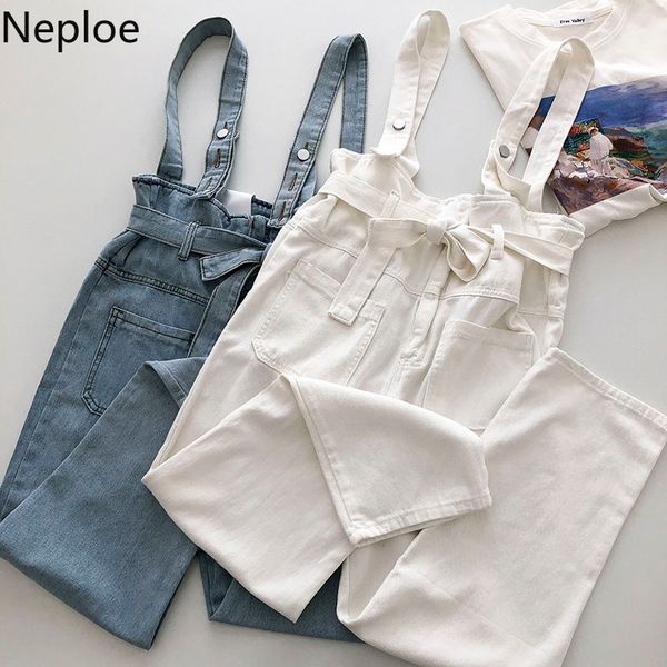 Neploe Kadın Kot Kore Genel Gevşek Moda Pantolon Yüksek Bel Askı Denim Ince Casual Öğrenciler Vahşi Düz Pantalon 210422