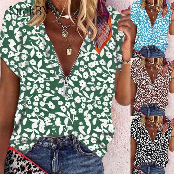 

women's blouses & shirts 2021 summer shirt zipper v-neck floral loose casual blouse fashion female plus size short sleeve, White