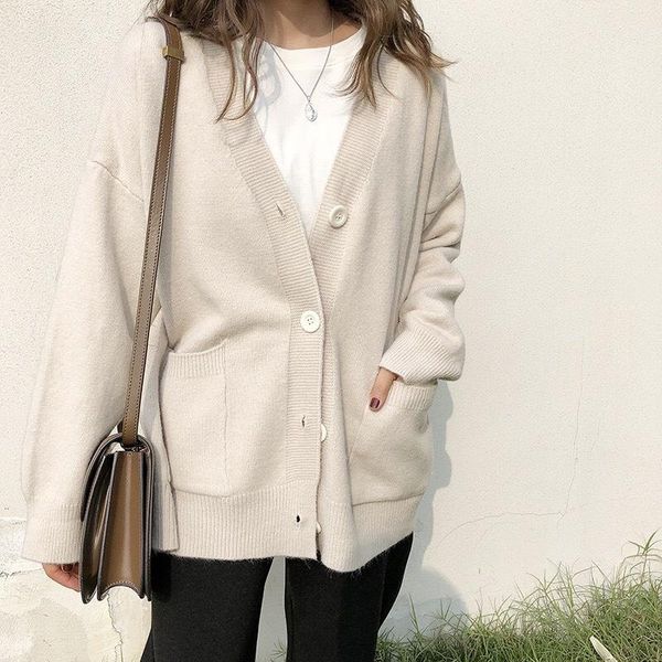 

women's knits & tees [ewq] korea chic casual trend women solid color v-neck single-breasted fashion simple knitted cardigan coat autumn, White