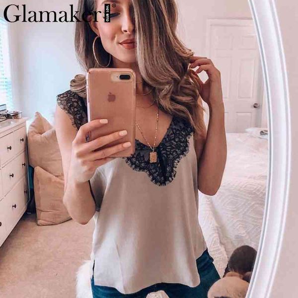 

glamaker streetwear satin lace splice camis white women v neck transparent summer female cropped tank club 210414