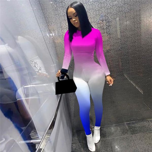 

fashion gradient print women romper long sleeve bodycon autumn winter bandage skinny outfits female, Black;white
