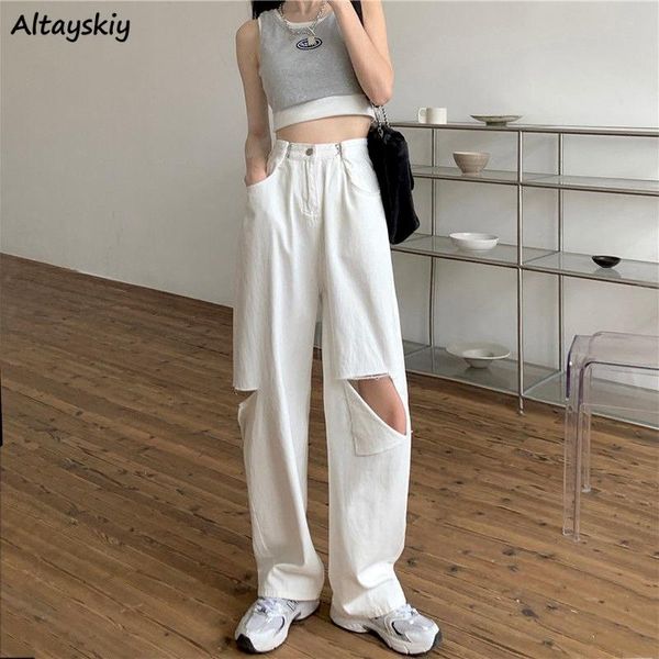 

women's jeans women hole ladies full length trousers fashion loose all-match simple solid preppy korean style vintage high waist, Blue