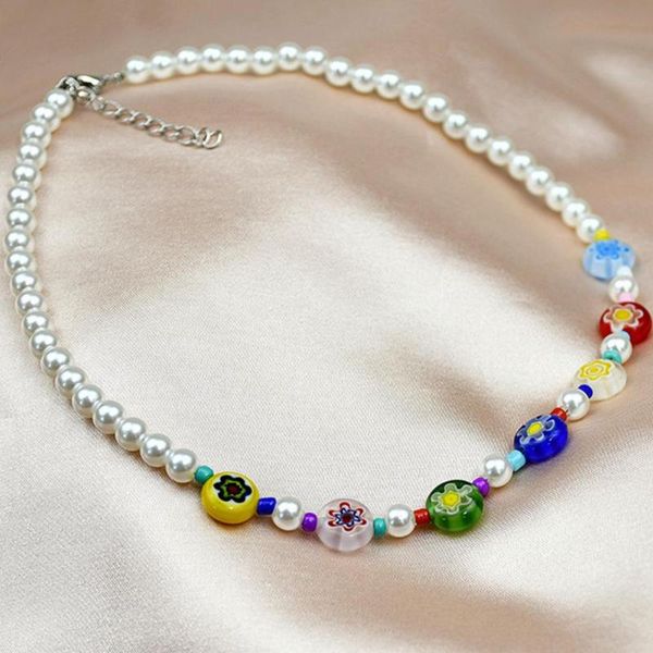 

chains harajuku multicolor rainbow beaded chain pearl choker y2k trendy fashion korean flower irregular pendant necklace for jewelry, Silver