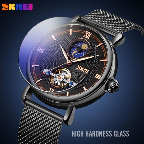 

wristwatches skmei business automatic moon phase clock quartz men's watches waterproof stainless steel strap male wristwatc, Slivery;brown