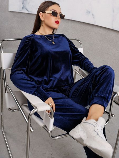 

plus ruched raglan sleeve velvet pj set t3ic#, Black;white