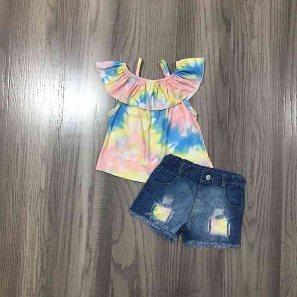 

spring baby girls tie dye milk silk shirt denim shorts jeans set, White