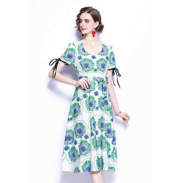 

women designer elegant blue rose belt v neck puff sleeve cocktail party robe female vintage print chiffon dress vestidos 210525, Black;gray