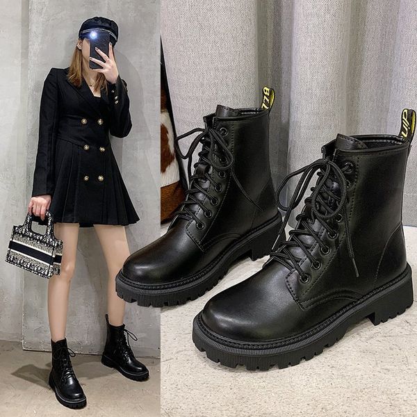 

korean martin women's 2021 autumn and winter british style thick soled middle tube versatile single boot thin short boots, Black