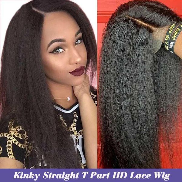 

modern show kinky straight t part lace wig remy brazilian hair 13x1 hd transparent yaki human wigs 150% perruque1, Black;brown