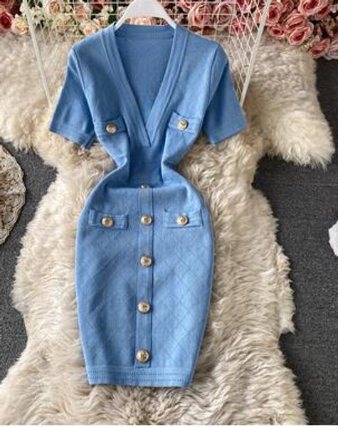 

sleeve new design women's v-neck short high waist knitted buttons patched pencil short dress 10nj, Black;gray