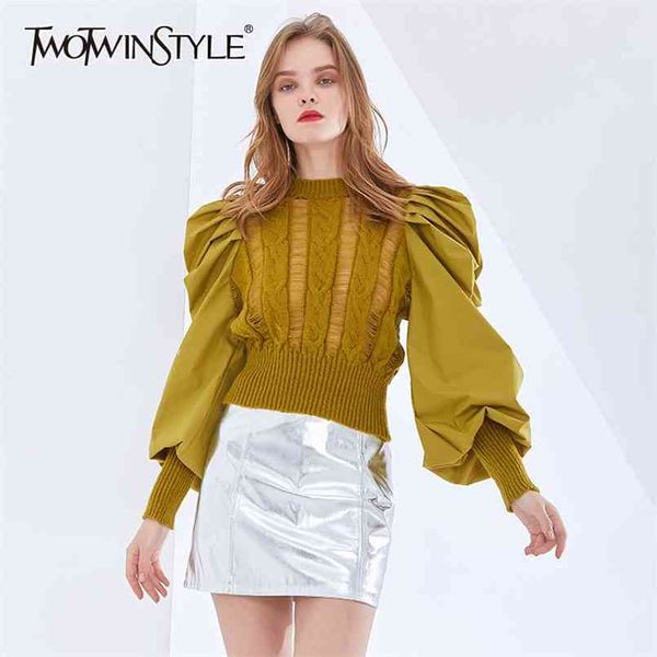 

elegant patchwork sweater for women o neck puff long sleeve casual knitted pullovers female fashion clothing 210524, White;black