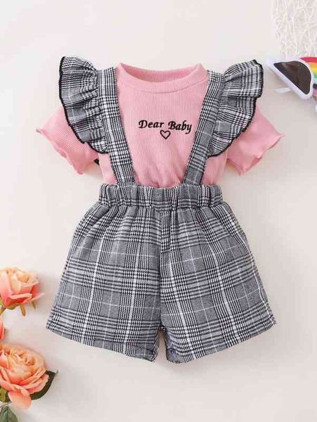 

baby letter embroidered tee & glen plaid ruffle trim pinafore shorts she, White