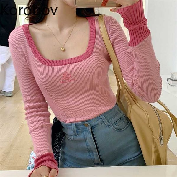 

korobov korean long sleeve o neck women sweaters vintage flower embroidery sueter mujer harajuku hit color chic jumper femme 211018, White;black