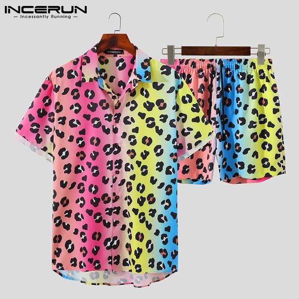 

men's tracksuits incerun summer men sets leopard print lapel short sleeve shirt beach shorts 2021 streetwear vacation hawaiian suits s-, Gray