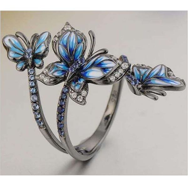 

cluster rings vintage fashion butterfly for women black oil painting crystal ring female charming wedding ladies zircon gifts, Golden;silver