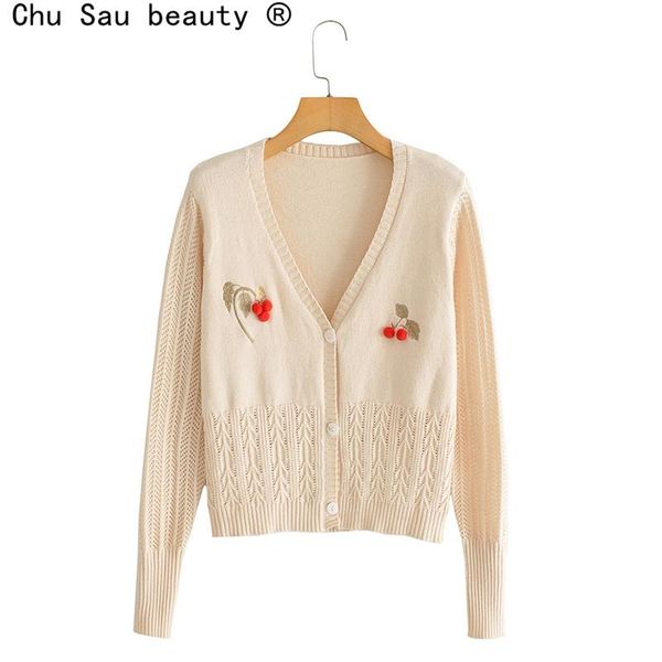 

women's knits & tees 2021 spring autumn flower embroidery slim-fit sweater slim v neck long sleeve knitted cardigan single breasted, White