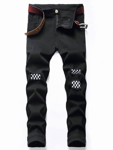 

romwe guys checker print zip fly jeans a3zj#, Blue