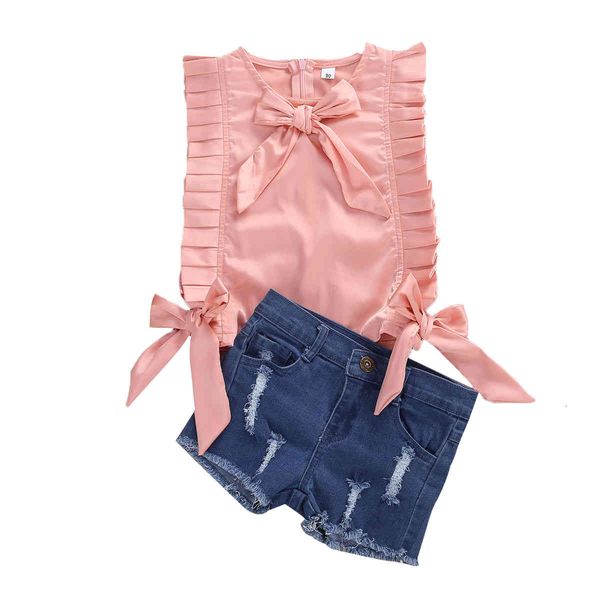 

girl's dresses 2-8y summer kids baby girls clothes sets pink ruffles sleeveless vest +denim shorts 2pcs outfits c0223, Red;yellow