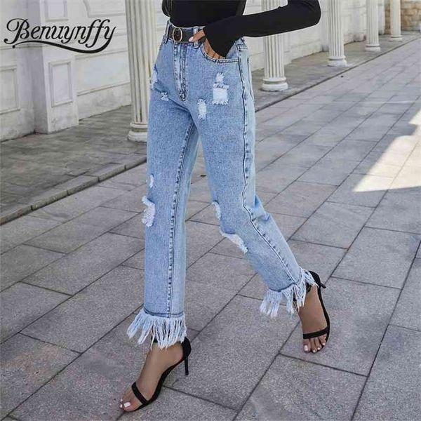 

button fly tassel hem ripped jeans women spring fashion wash high waist casual streetwear mom straight 210510, Blue
