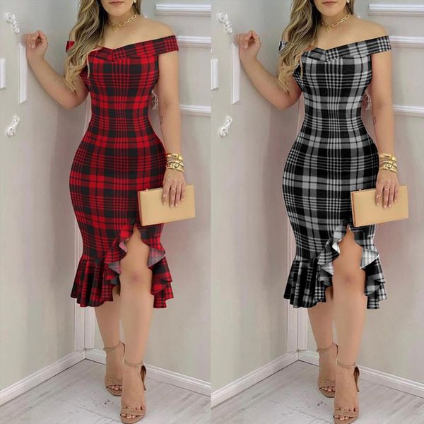 

elegant plaid dresses party women leggings fashion sequin dress cold shoulder ruffle loose hem ropa mujer vestidos, Black