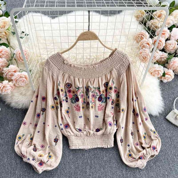 

national style embroidered flowers elastic slash neck off the shoulder puff sleeves waist slim short all match womens 210421, White