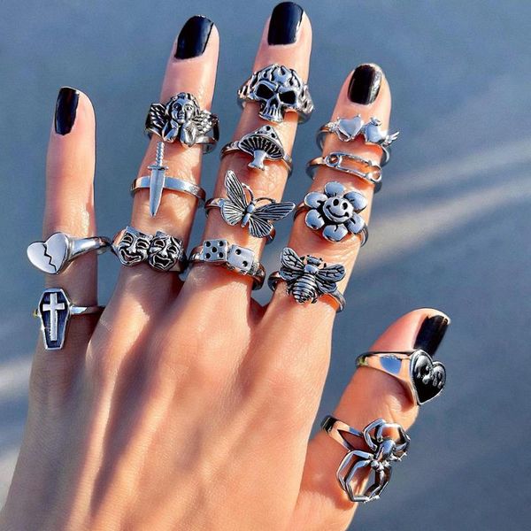 

cluster rings origin summer multi designs hiphop love heart butterfly ring for women cross skull mushroom spider flower metal jewelry, Golden;silver