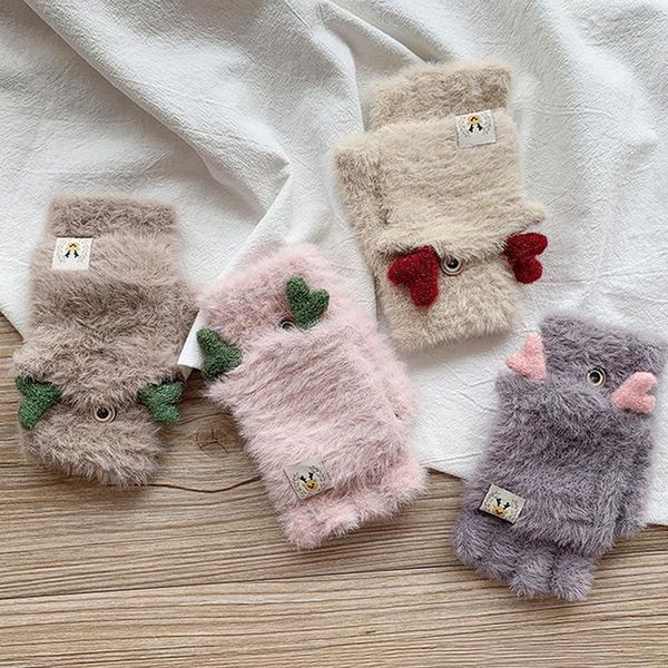 

five fingers gloves 2021 women winter knitted mittens fluffy touch screen driving fingerless half finger velvet ears, Blue;gray
