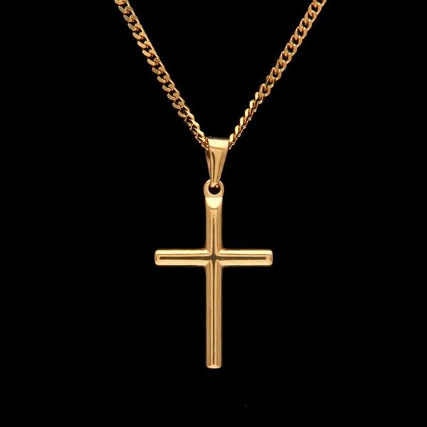 

mini cross pendant necklace gold color stainless steel golden jesus charming jewelry for men women with cuban chain necklaces, Silver