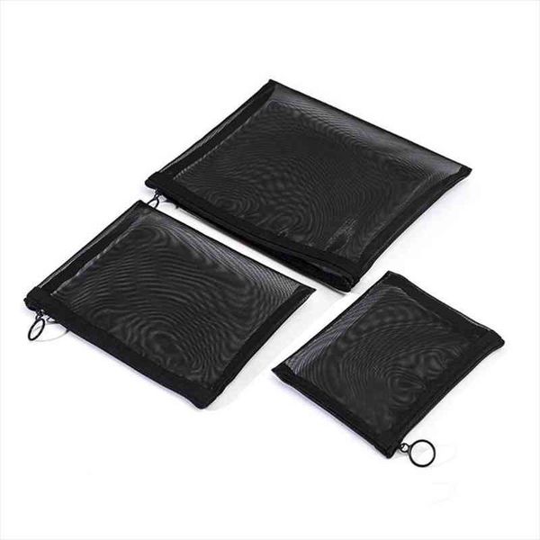 

3 pcs set black mesh cosmetic bags travel zipper storage pouch toiletry wash bag