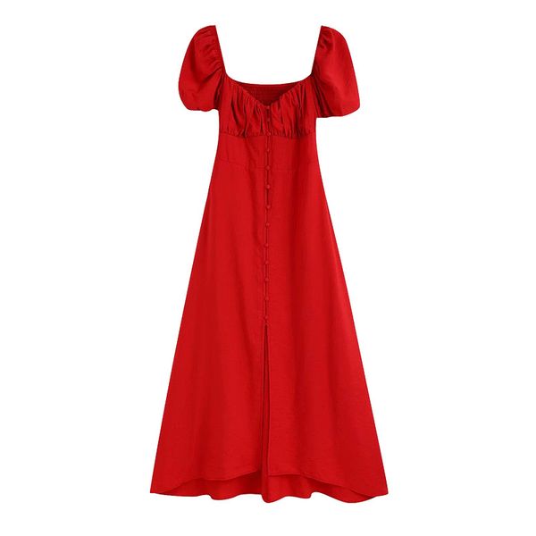 

women chic fashion with buttons midi dress vintage puff sleeves back smocked detail female dresses vestidos mujer, Black;gray