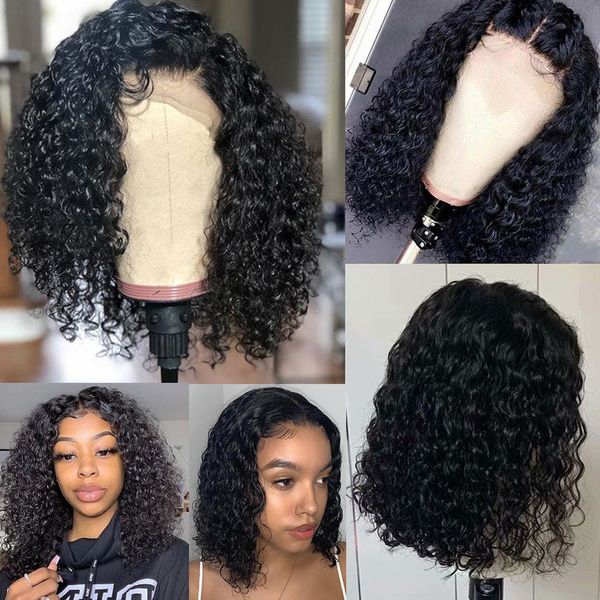 

14inch curly human hair wigs bob wig part lace front human hair wigs jerry curly lace front wig 150% bleached knots wigs, Black