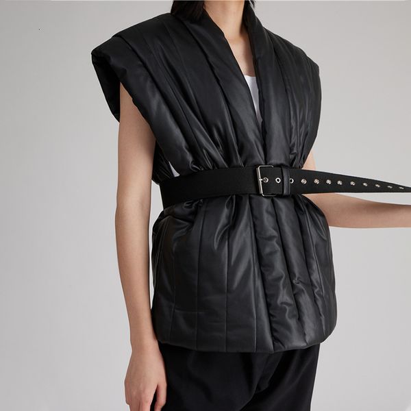 

fashion personality from winter simple collar with belt weight jacket female vest, Black;brown