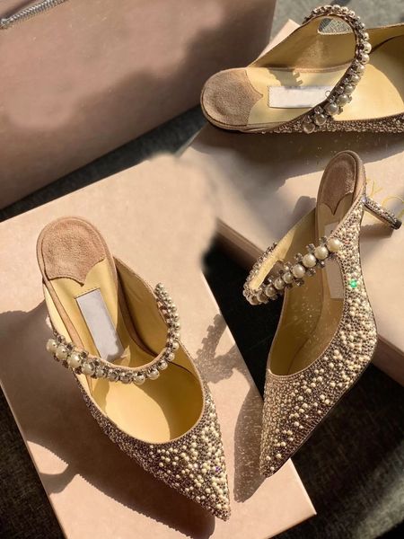 

2022 women sandals evening bridal party baily dress shoes pearls & strass ankle strappy sandals suede leather women's high heels pointe, Black