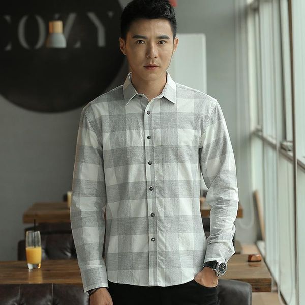 

men's casual shirts autumn and winter shirt cotton color spinning plaid korean slim long-sleeved male social plus size, White;black
