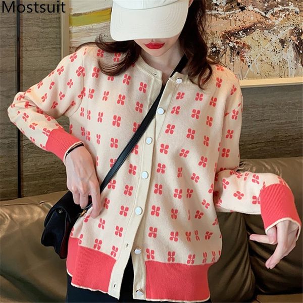 

floral knitted women cardigan sweater autumn full sleeve o-neck single-breasted vintage elegant jumpers femme 210514, White