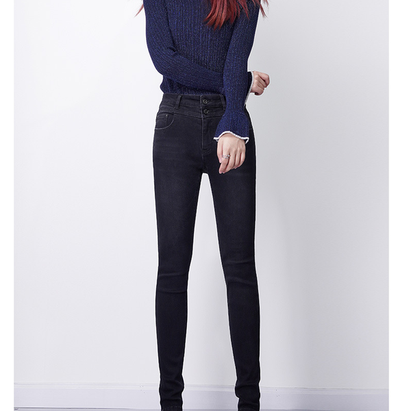 

autumn winter ladies jeans plus velvet fashion solid color high waist slimming elastic slim female casual pencil pants women's, Blue