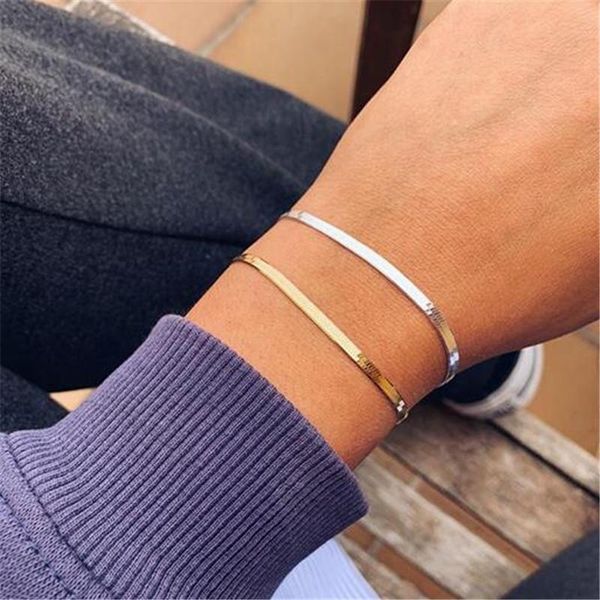 

trendy punk bracelets for women light yellow gold silver plated color flat snake bone chain bracelet girl gift wholesale charm, Golden;silver