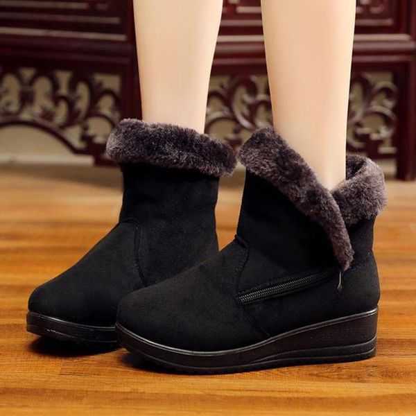 

flock winter warm faux fur snow fashion solid ankle boots casual women mother flats shoes woman, Black