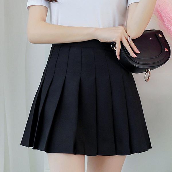 

skirts girls women high waisted plain pleated skirt skater tennis school uniforms a-line mini with lining shorts h9, Black