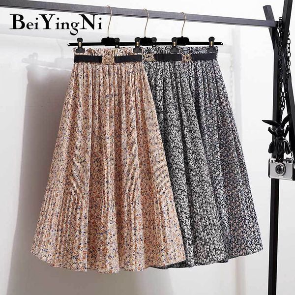 

plus size pleated midi skirts womens floral printed vintage belt chic casual chiffon skirt ladies big hem faldas mujer 210427, Black