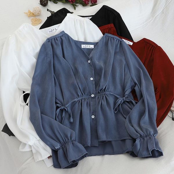 

women's blouses & shirts korean version of the small fresh v-necked breasted satin with sweet lace waist shirt, White