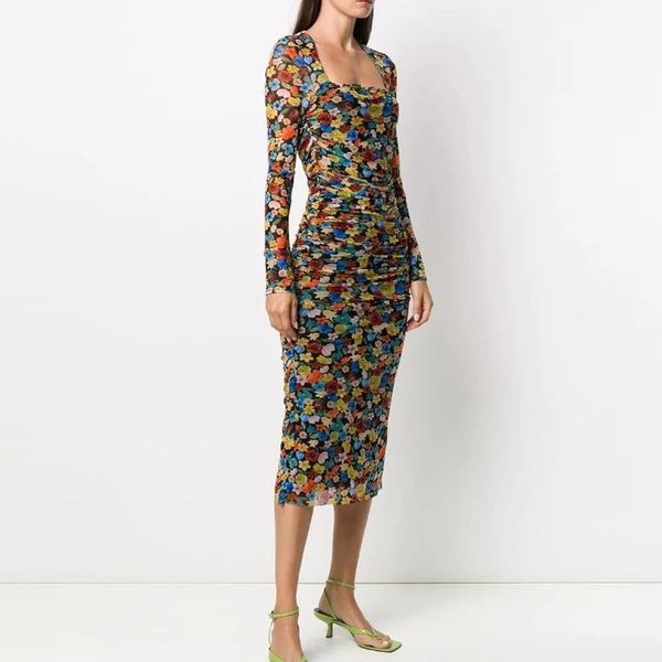 

european and american latest catwalk style square neck print pleated slim, Black